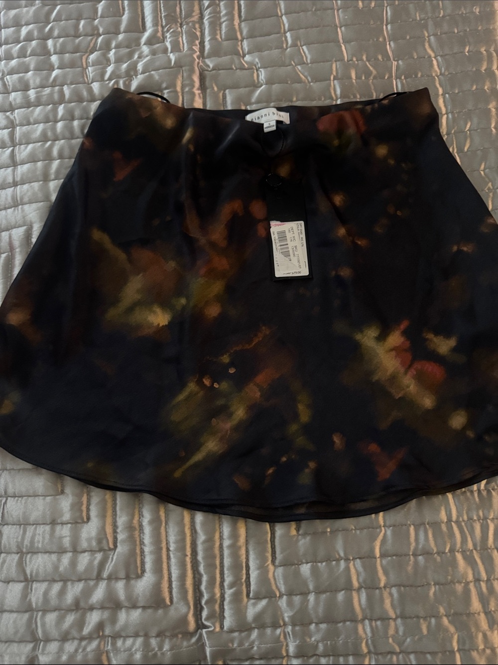 Gianni Bini Black Skater Skirt with Olive and Rust Brushstroke Print